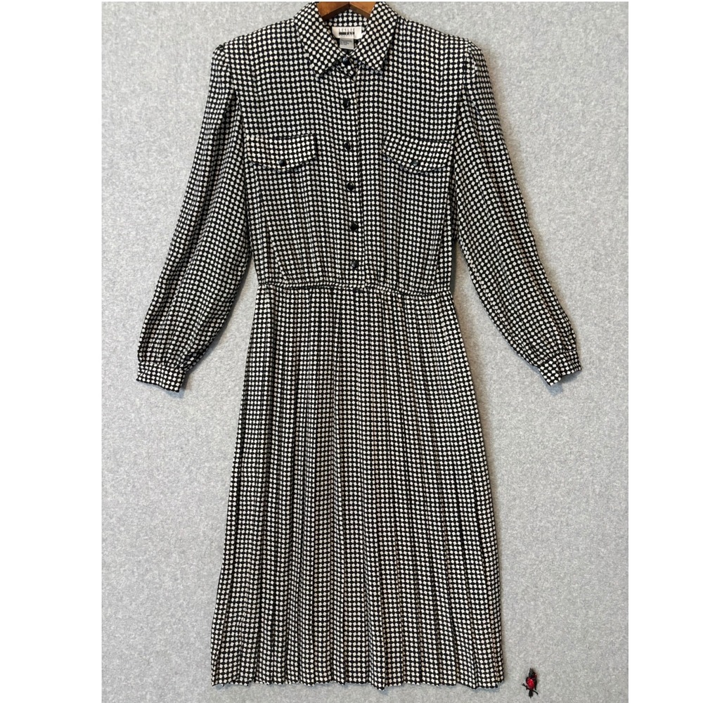 Vintage Leslie Fay Womens 16 Midi Dress Mod Black White Geometric‎ Pleated Retro